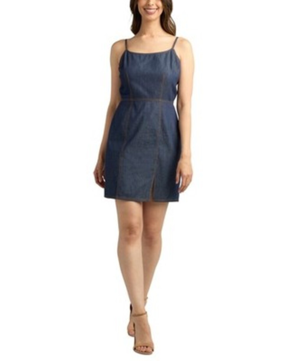 BCX Washed Denim Front-Slit Mini Dress Juniors' S Dark Denim Back Zipper Closure